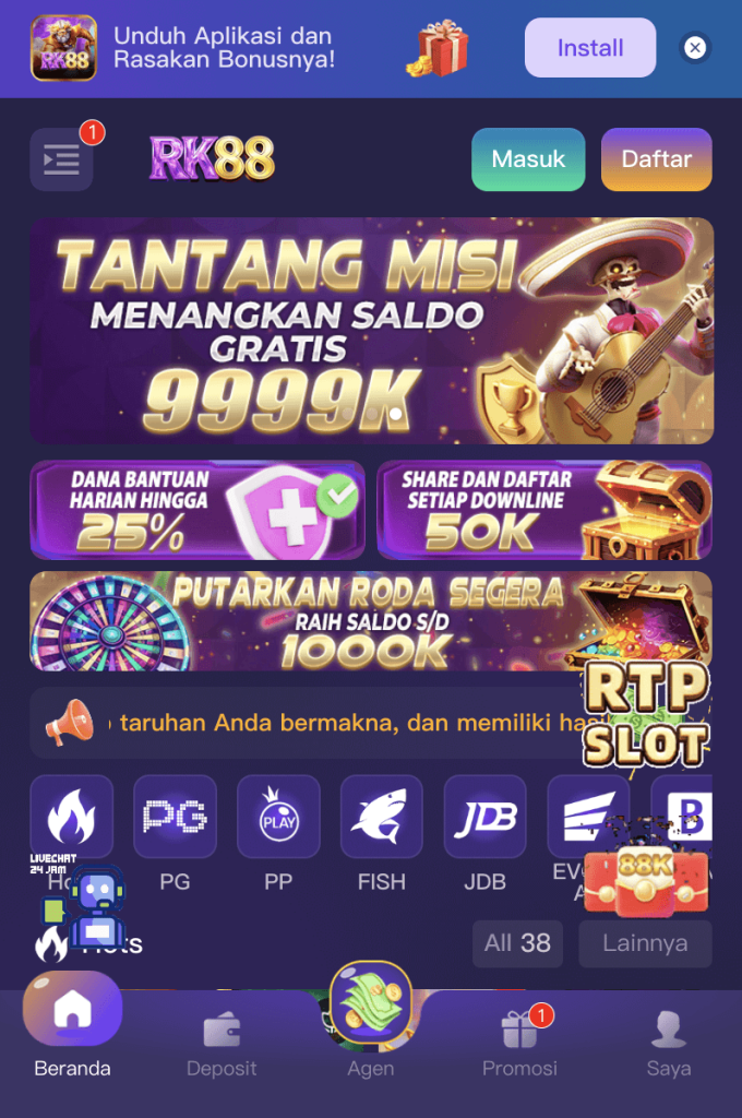 Tampilan halaman utama RK88 resmi yang modern dengan akses cepat ke berbagai hiburan game seru.