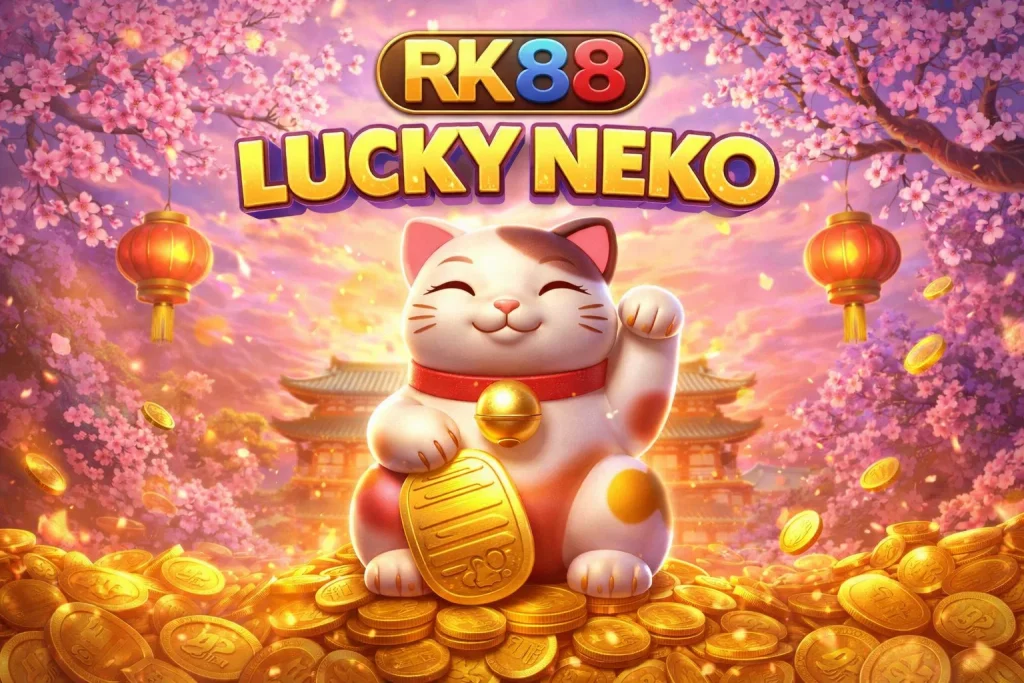 Tampilan permainan LUCKY NEKO di RK88 dengan simbol kucing keberuntungan, koin emas, dan ornamen khas Asia