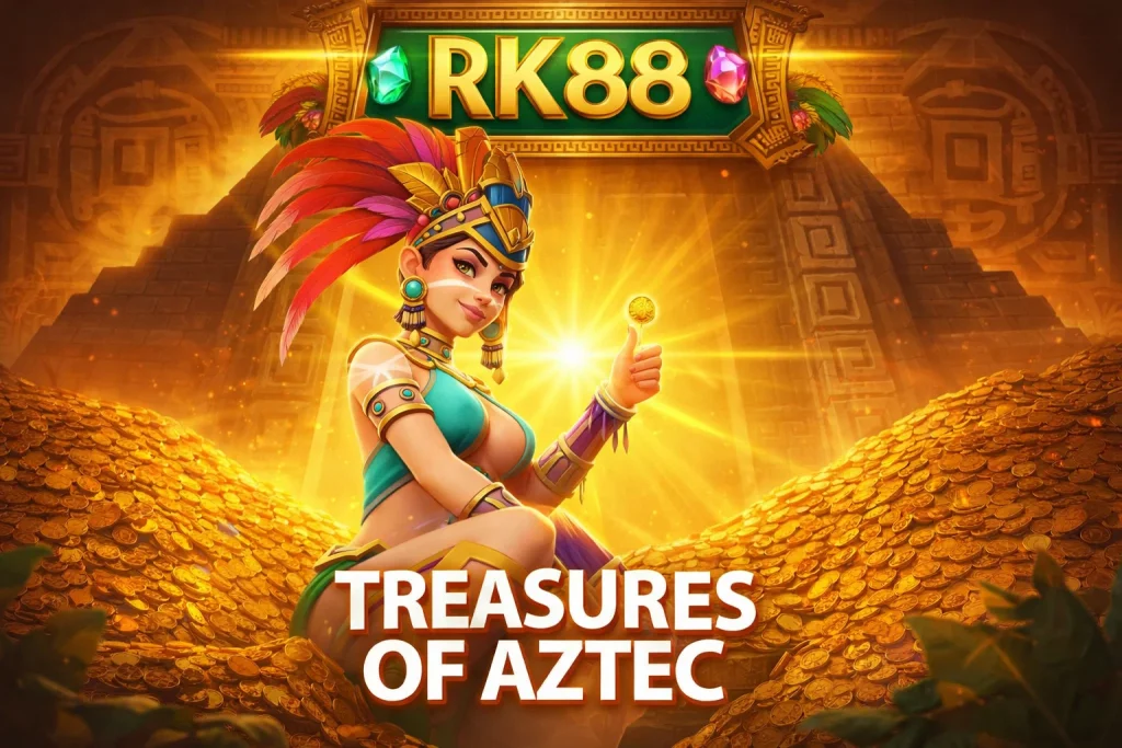 Tampilan TREASURES OF AZTEC di RK88 dengan nuansa kuil kuno dan visual permainan yang detail dan nyaman